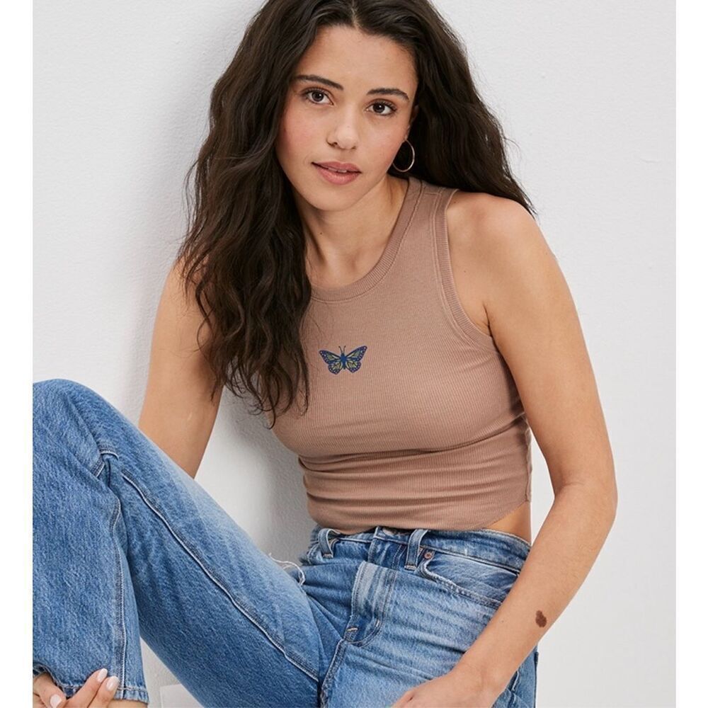 Womens American Eagle Daily Fave Butterfly Ribbed Cropped Tank Top - Sz S